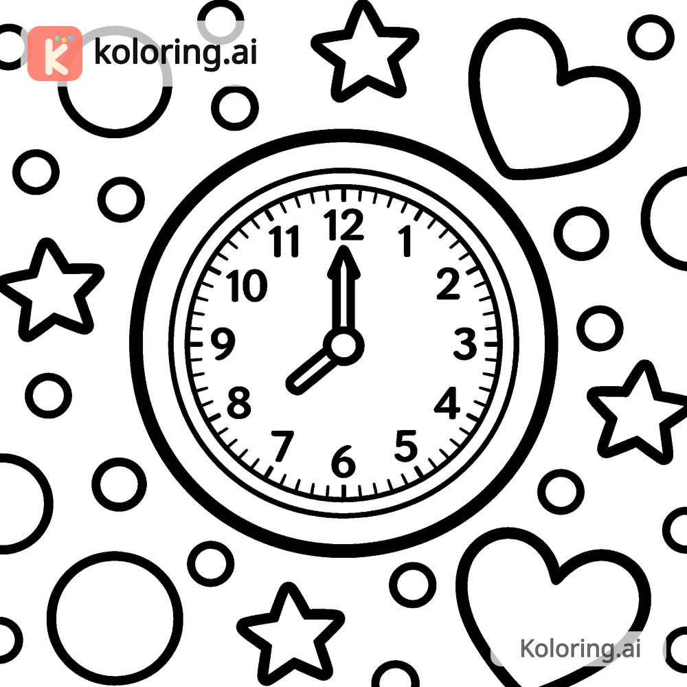 Black and white coloring page of clock striking midnight surrounded by confetti