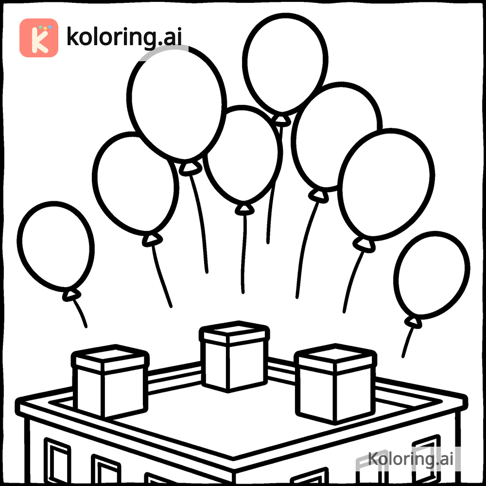 Black and white coloring page of colorful balloons drifting over a rooftop party