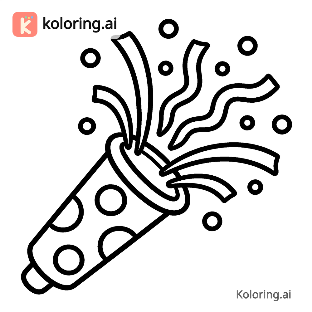 Black and white coloring page of confetti cannon bursting with streamers
