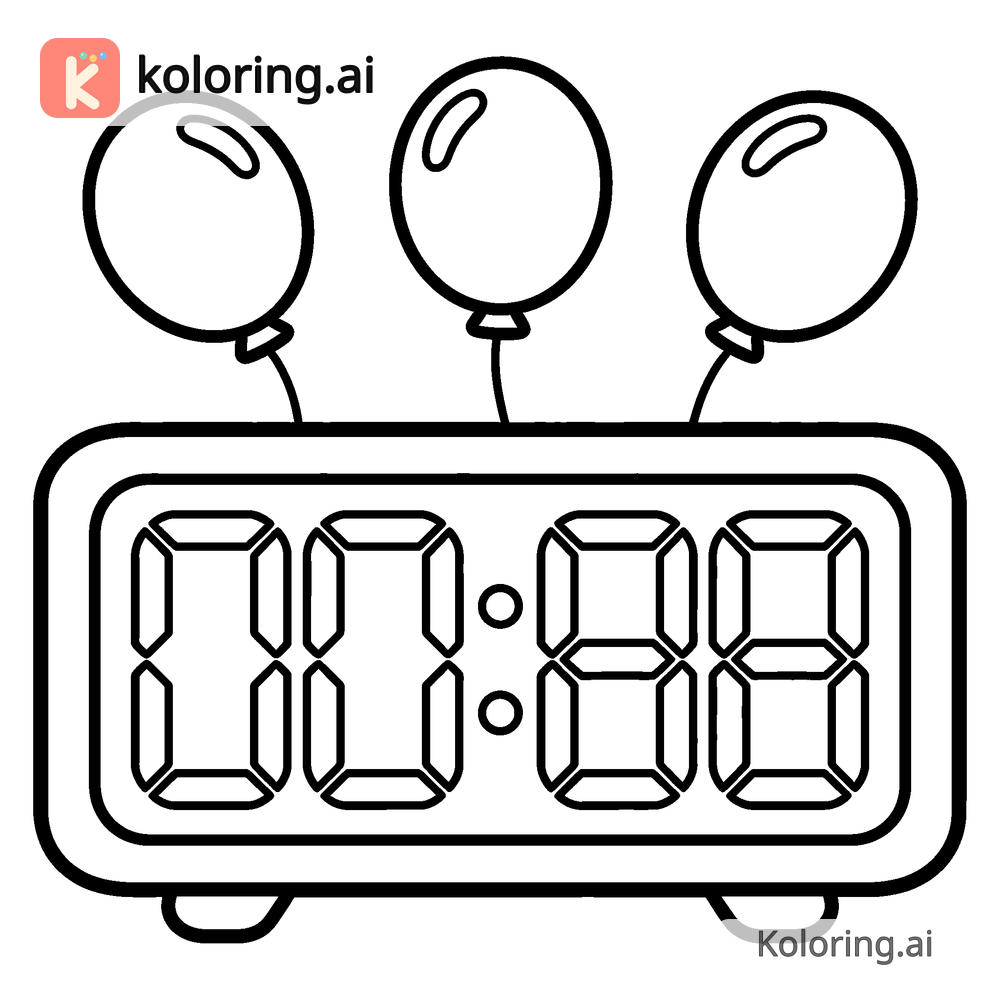Black and white coloring page of countdown clock framed by floating balloons