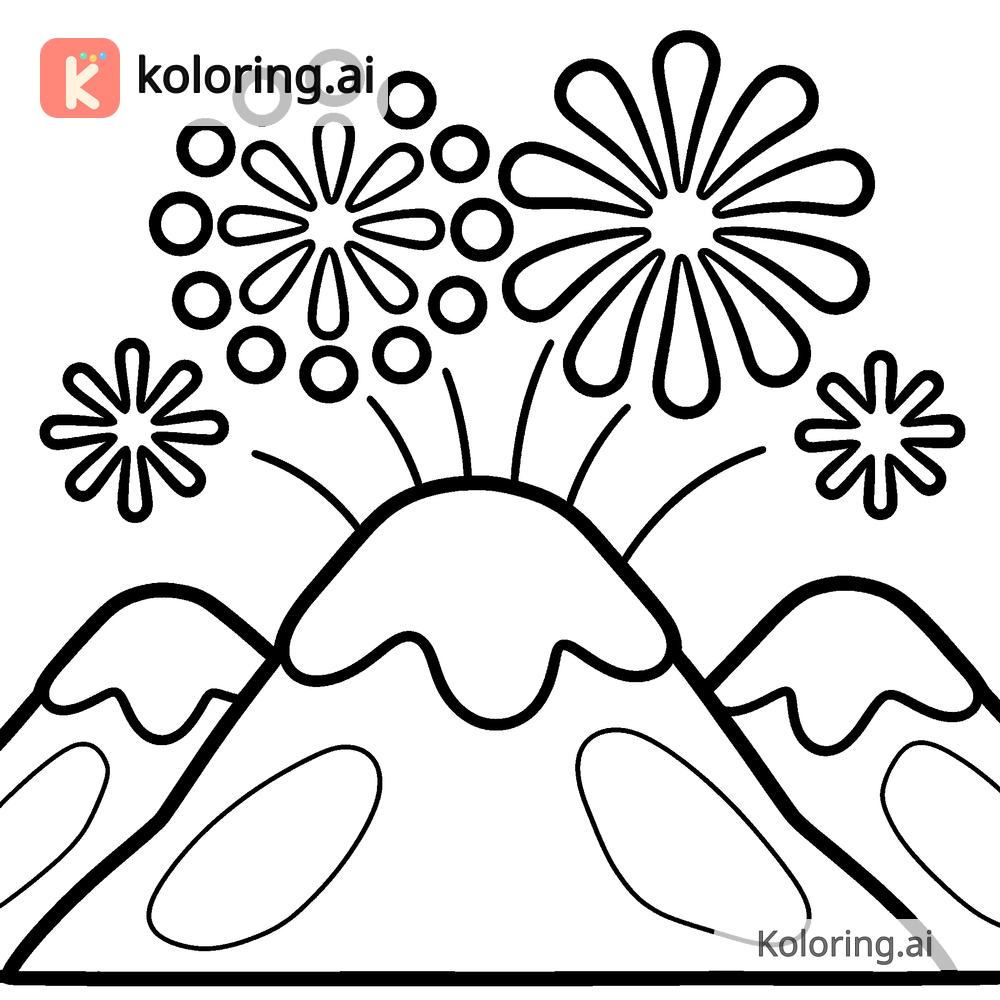 Black and white coloring page of fireworks blooming over snowy mountain peaks