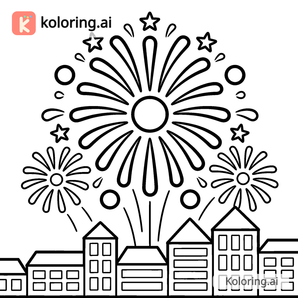 Black and white coloring page of fireworks bursting over a city skyline