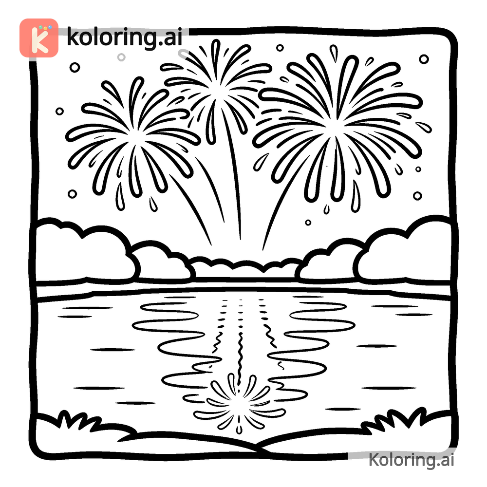 Black and white coloring page of fireworks reflecting over a calm lake