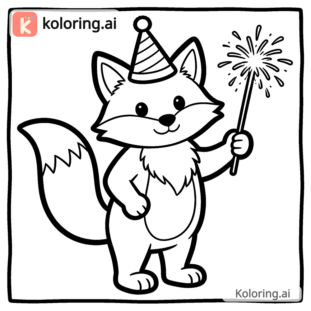 Black and white coloring page of fox in a party hat holding a sparkler