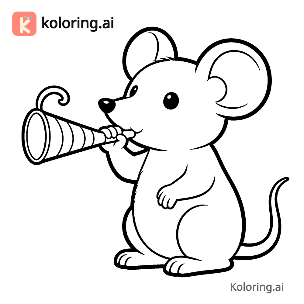 Black and white coloring page of little mouse blowing a party noisemaker