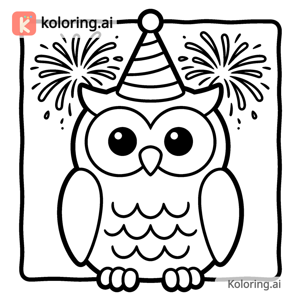 Black and white coloring page of owl wearing a party hat under fireworks