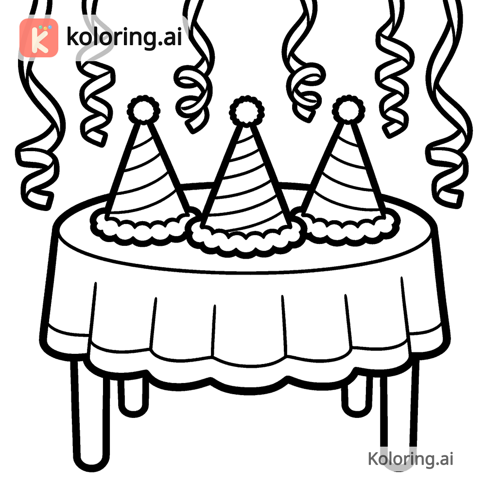 Black and white coloring page of party hats and streamers on a festive table