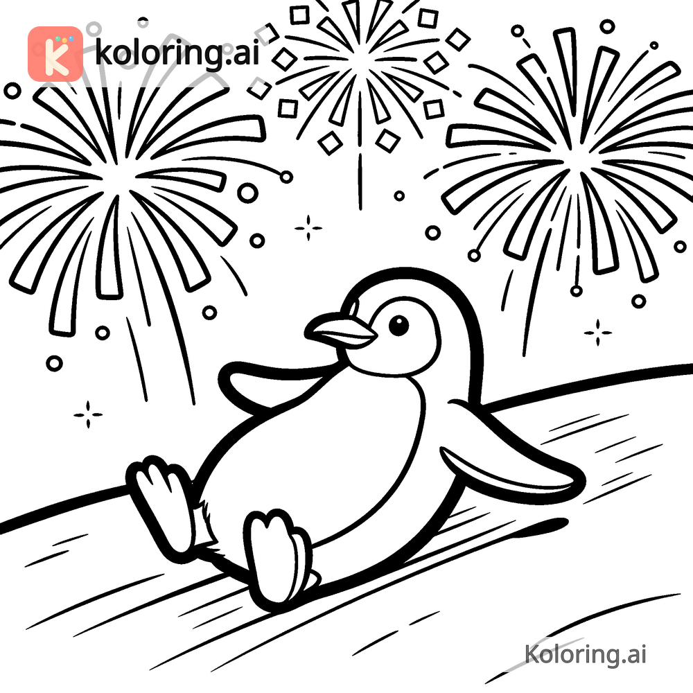 Black and white coloring page of penguin sliding beneath new year fireworks