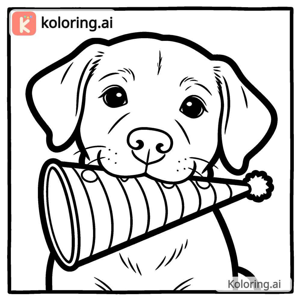 Black and white coloring page of puppy celebrating with a party horn