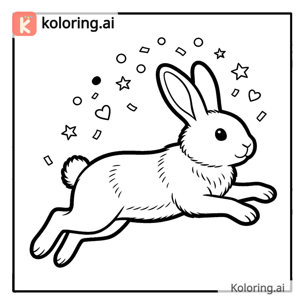 Black and white coloring page of rabbit leaping through falling confetti