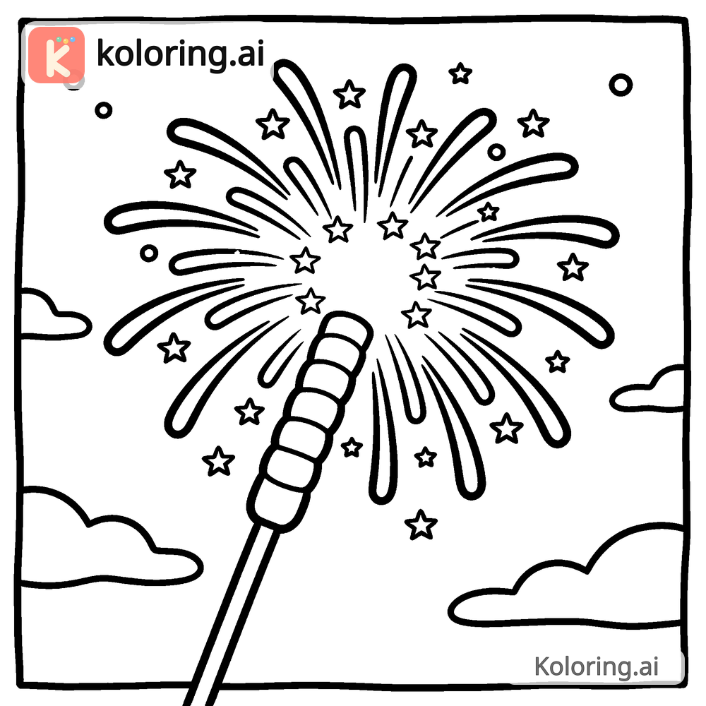 Black and white coloring page of sparkler glowing against the night sky