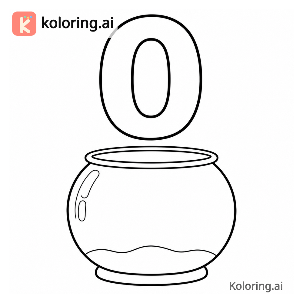 Number 0 Coloring Page — Zero fish — free printable black and white line art