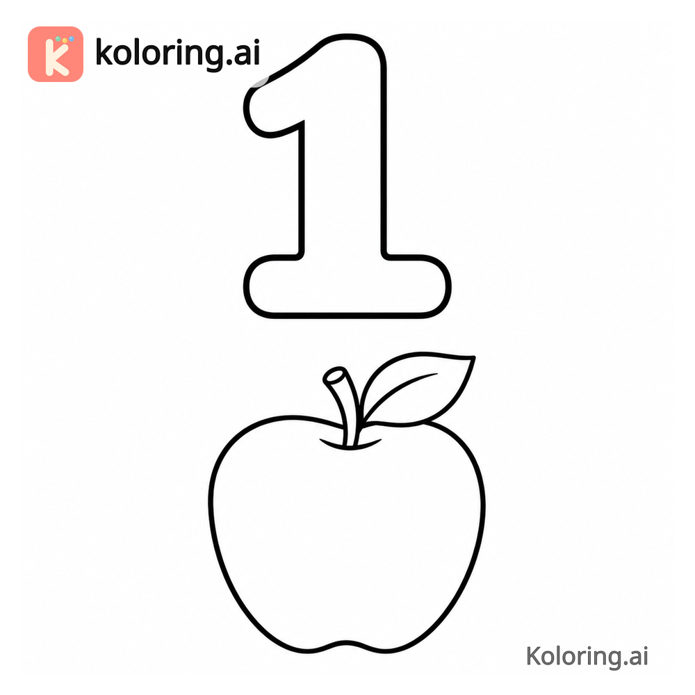 Number 1 Coloring Page — One apple — free printable black and white line art
