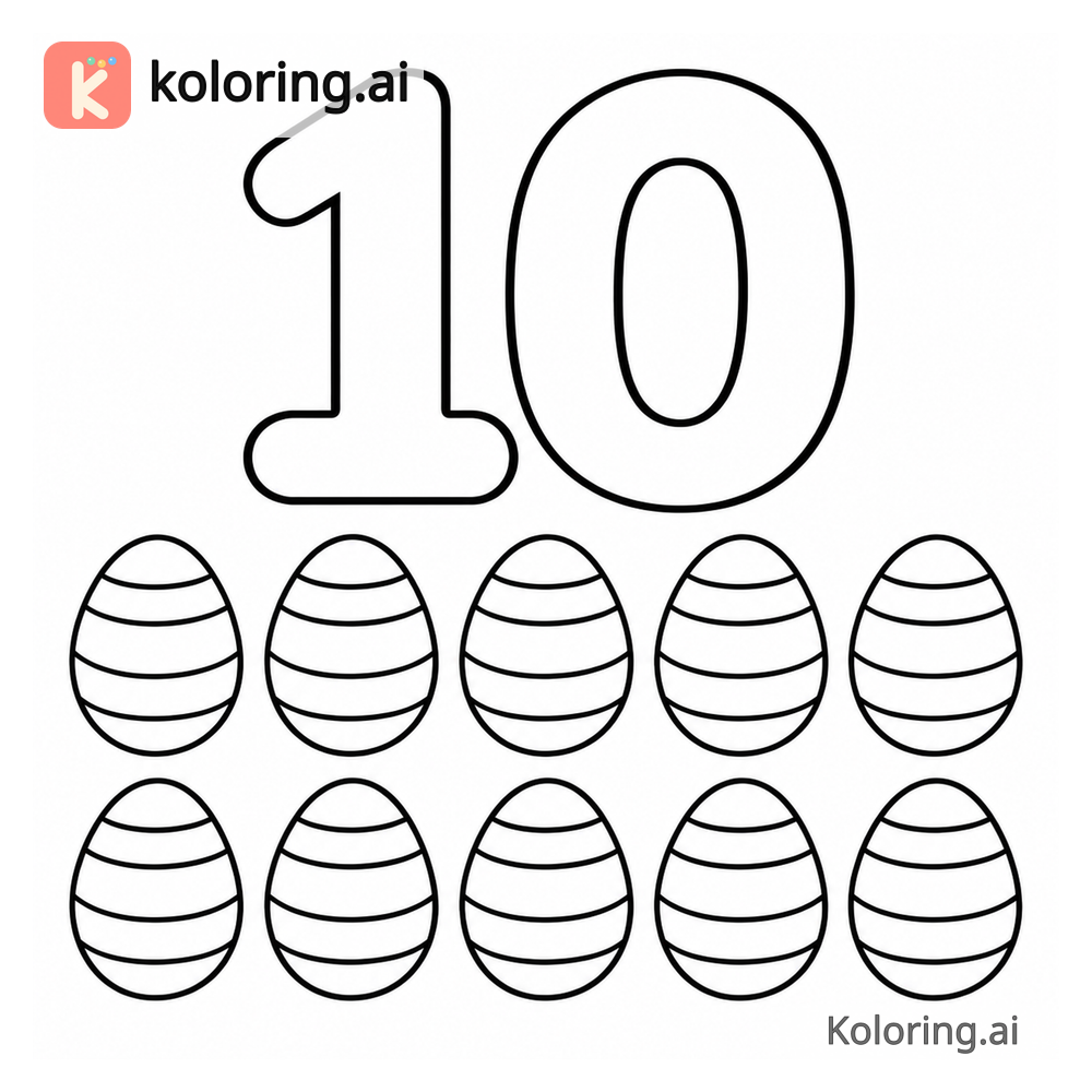 Number 10 Coloring Page — Ten eggs — free printable black and white line art