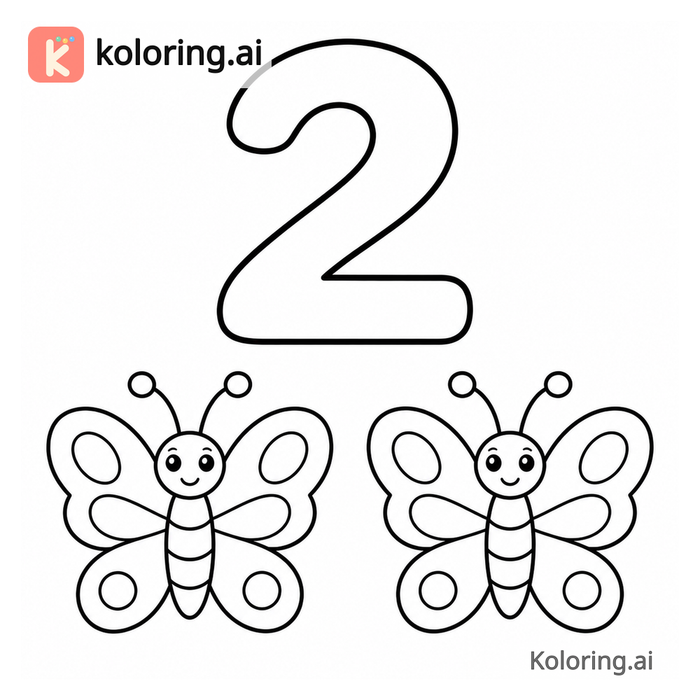 Number 2 Coloring Page — Two butterflies — free printable black and white line art