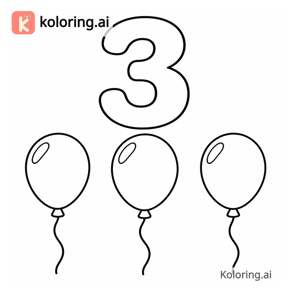 Number 3 Coloring Page — Three balloons — free printable black and white line art
