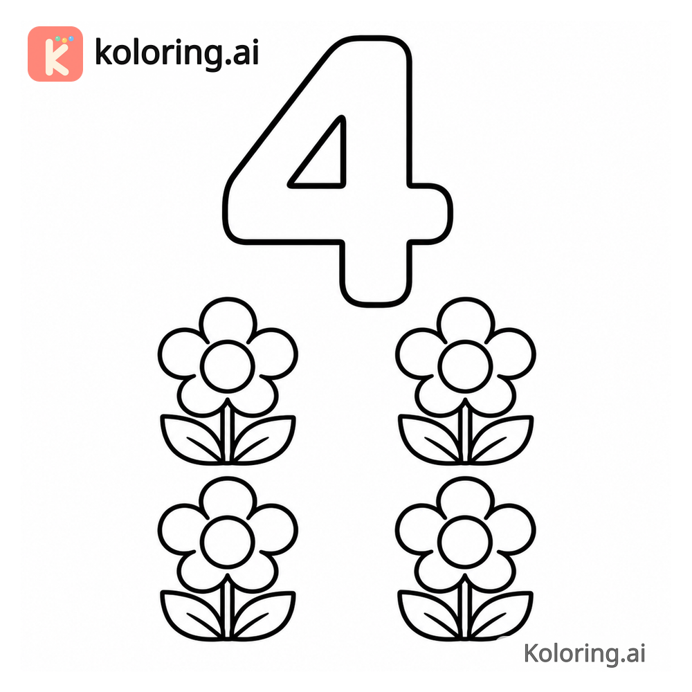 Number 4 Coloring Page — Four flowers — free printable black and white line art