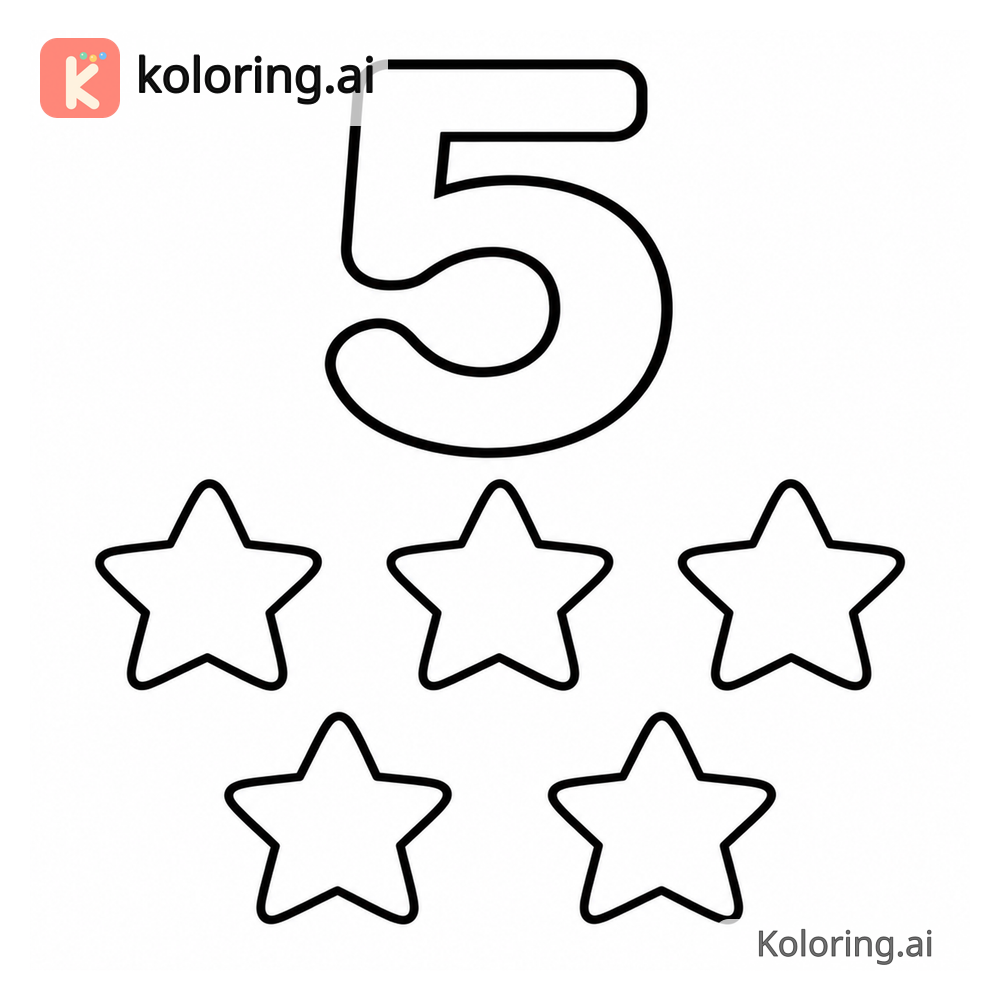Number 5 Coloring Page — Five stars — free printable black and white line art