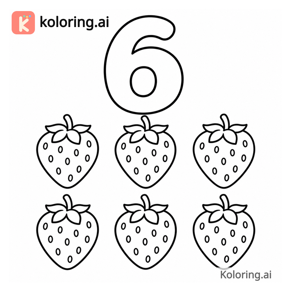 Number 6 Coloring Page — Six strawberries — free printable black and white line art