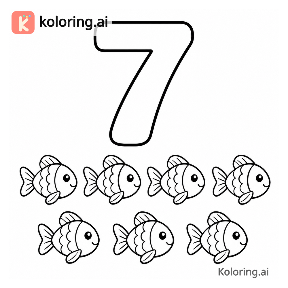 Number 7 Coloring Page — Seven fish — free printable black and white line art