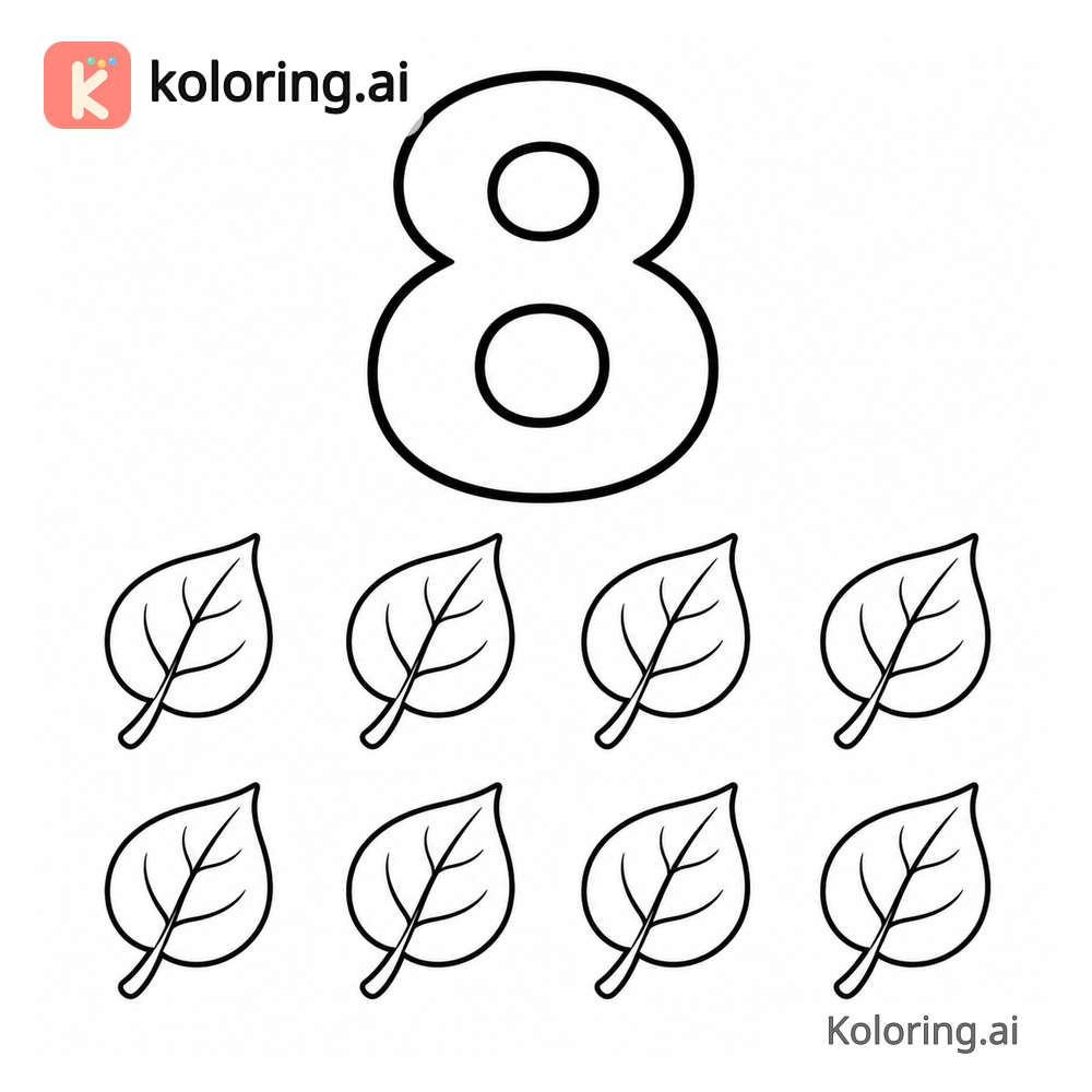 Number 8 Coloring Page — Eight leaves — free printable black and white line art