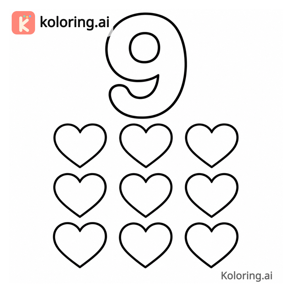 Number 9 Coloring Page — Nine hearts — free printable black and white line art