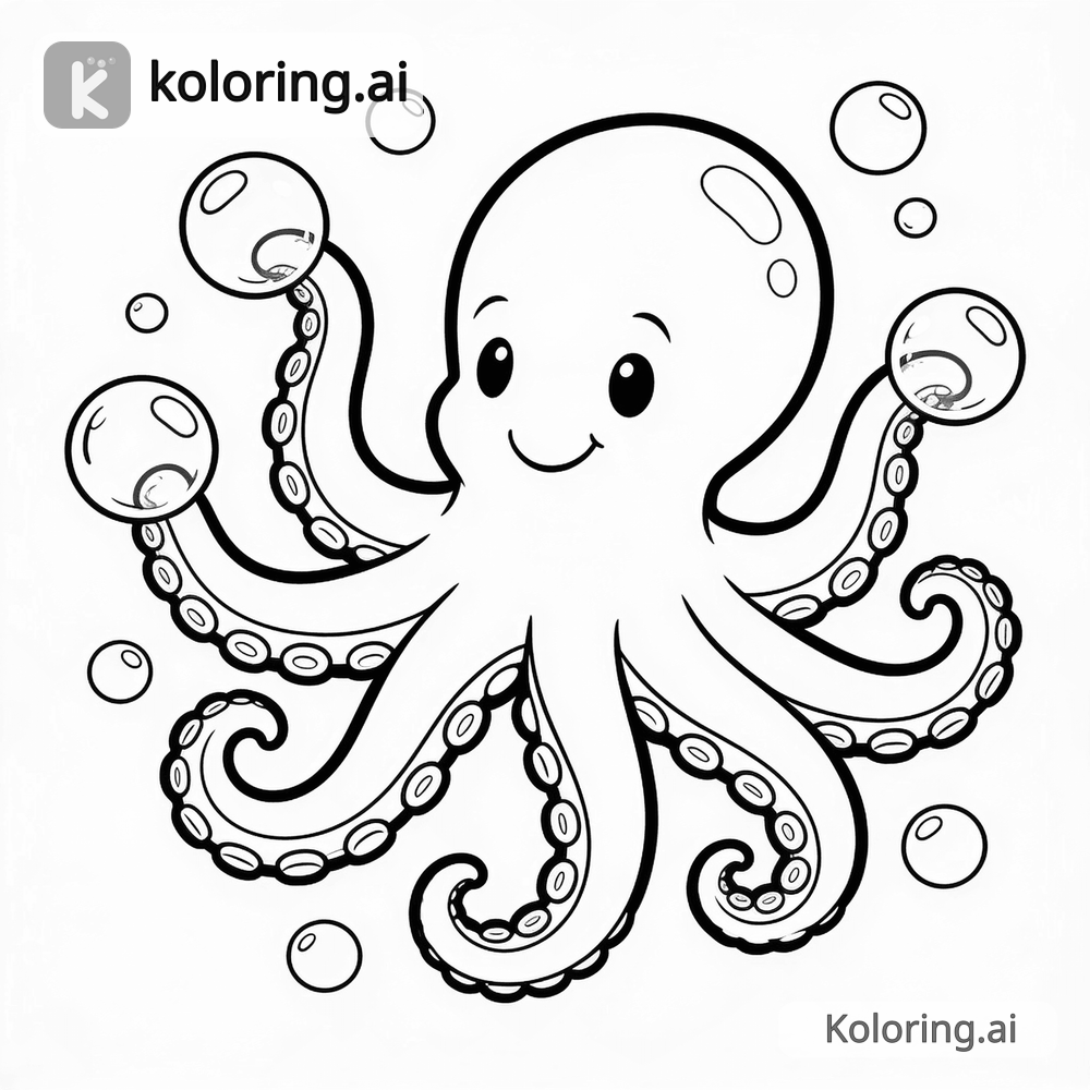 Black and white coloring page of octopus playing with bubbles