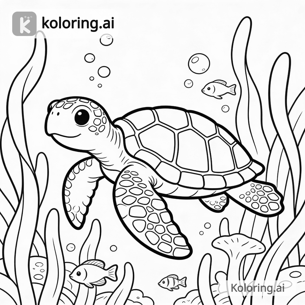Black and white coloring page of sea turtle swimming through kelp