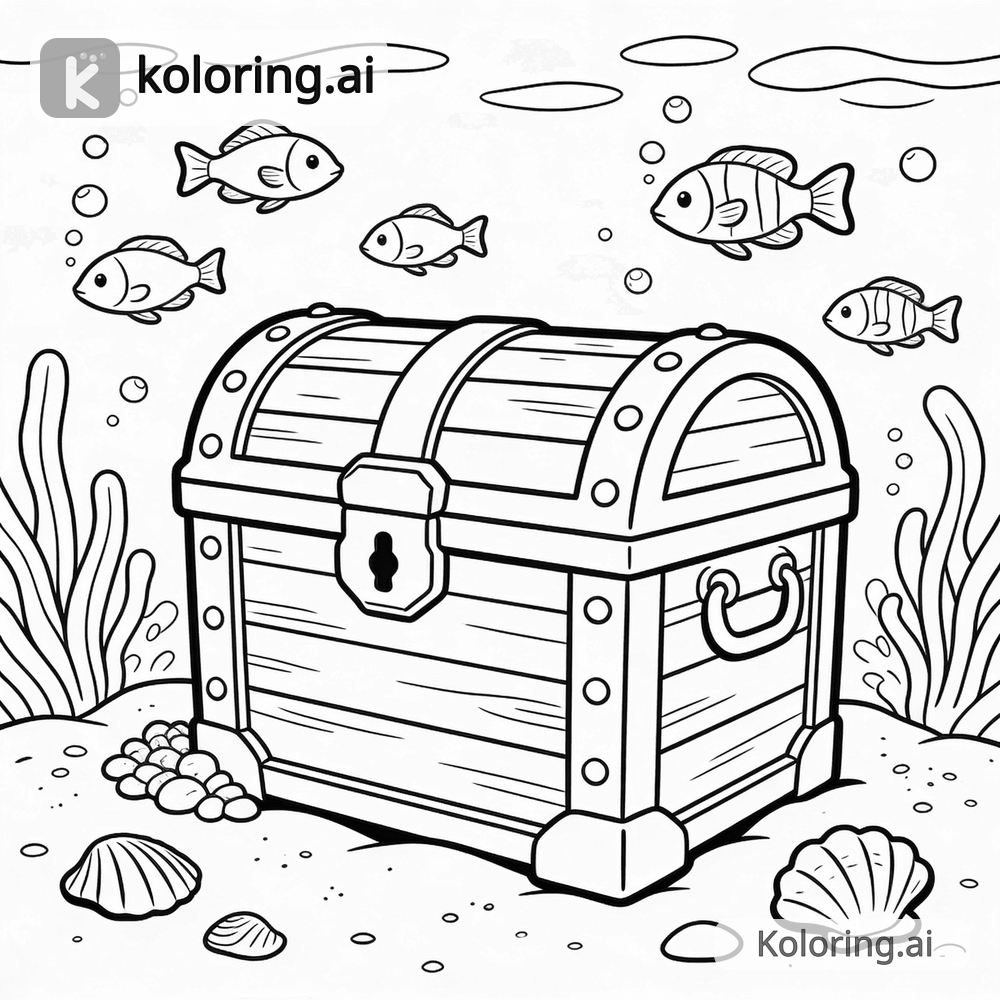 Black and white coloring page of treasure chest on the ocean floor with fish