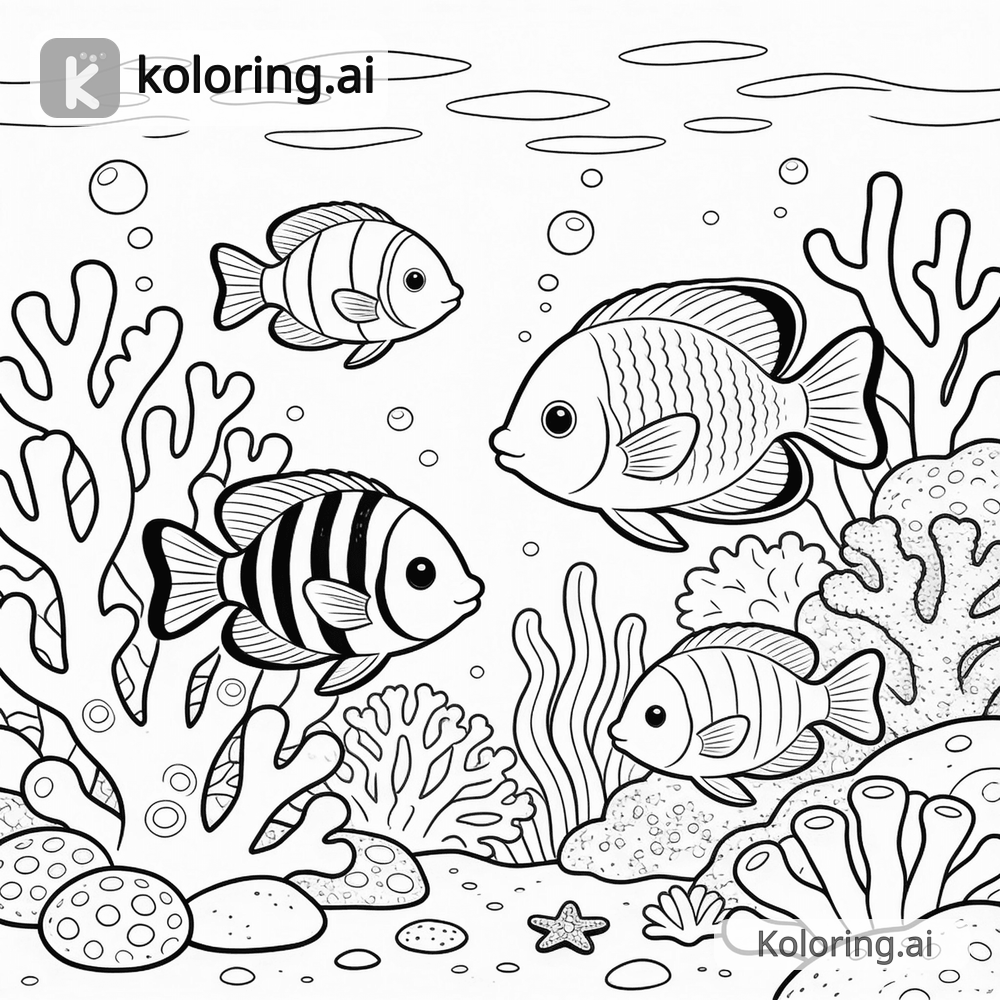 Black and white coloring page of underwater coral reef with tropical fish
