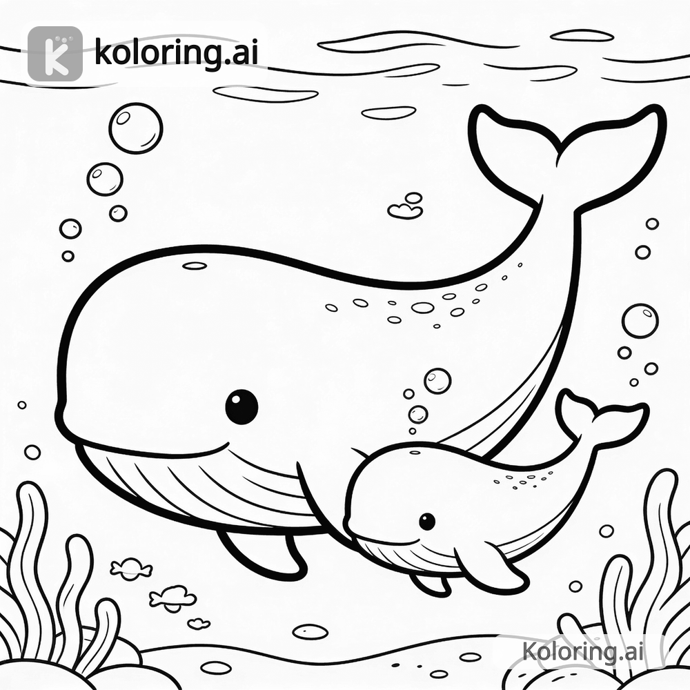 Black and white coloring page of whale and baby whale swimming together