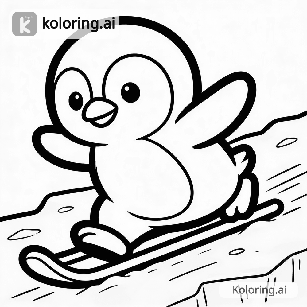 Black and white coloring page of cute baby penguin sliding on ice
