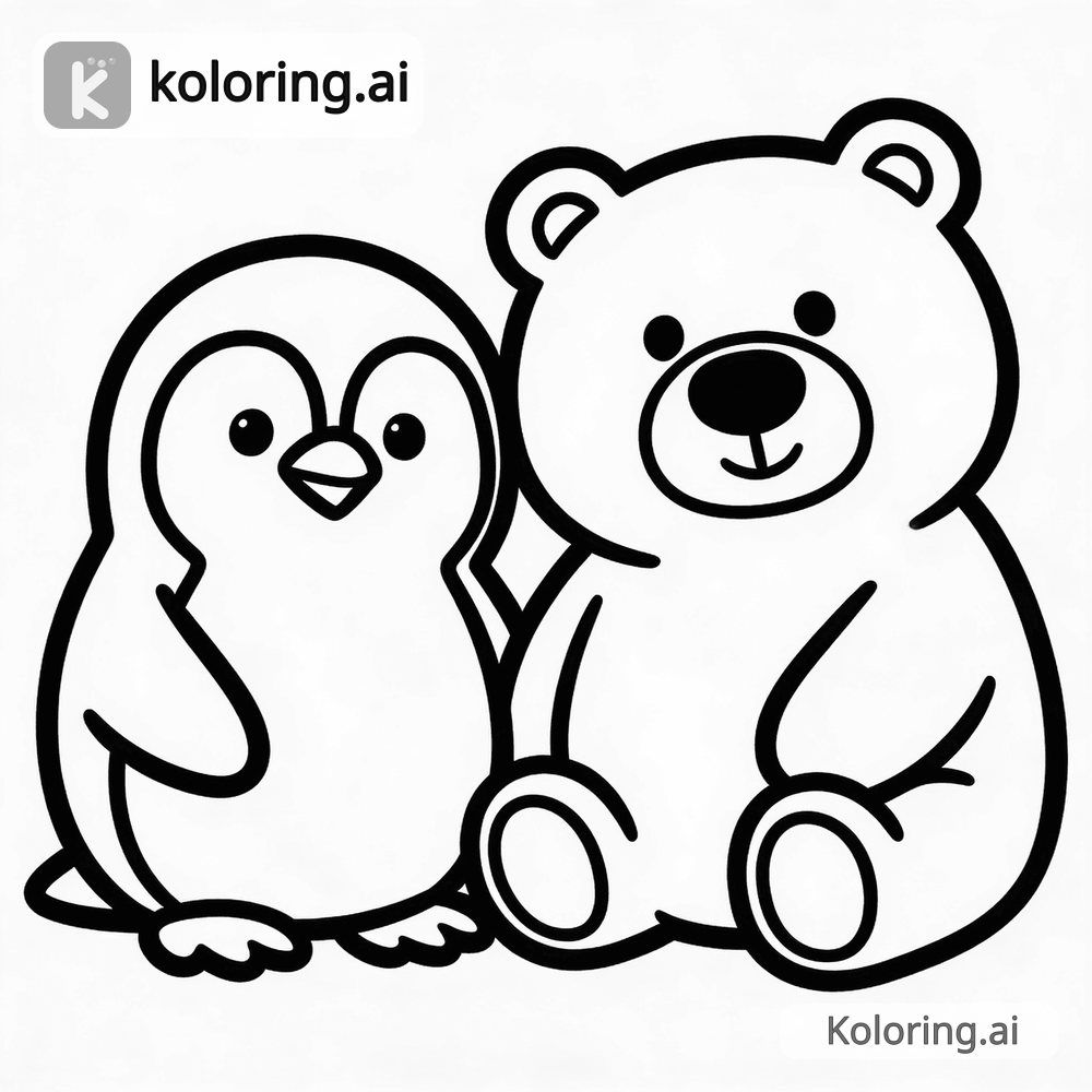 Black and white coloring page of penguin and polar bear friends