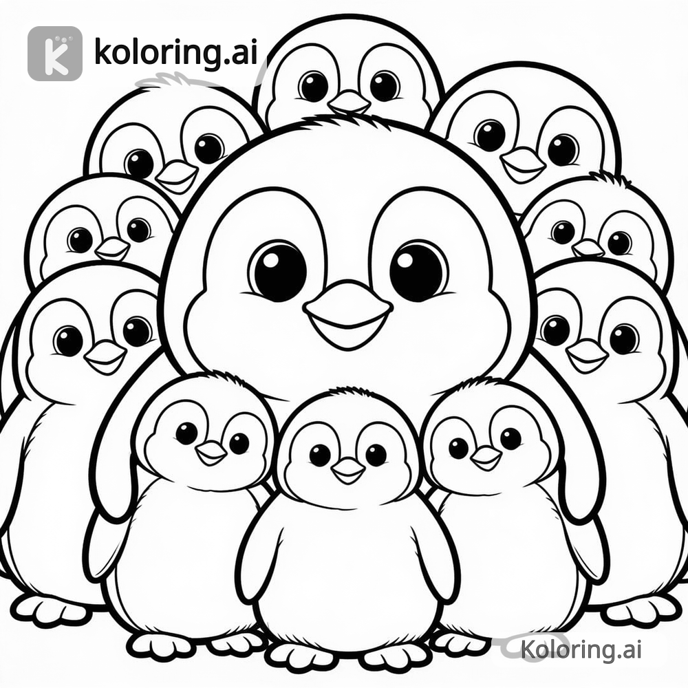 Black and white coloring page of penguin family huddled together