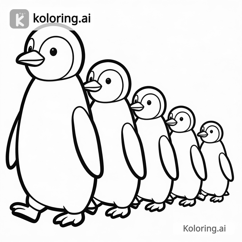 Black and white coloring page of penguin family walking in a line
