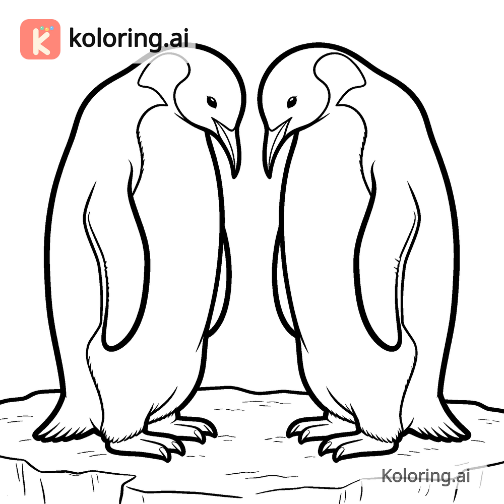 Black and white coloring page of penguin pair bowing to each other on the ice