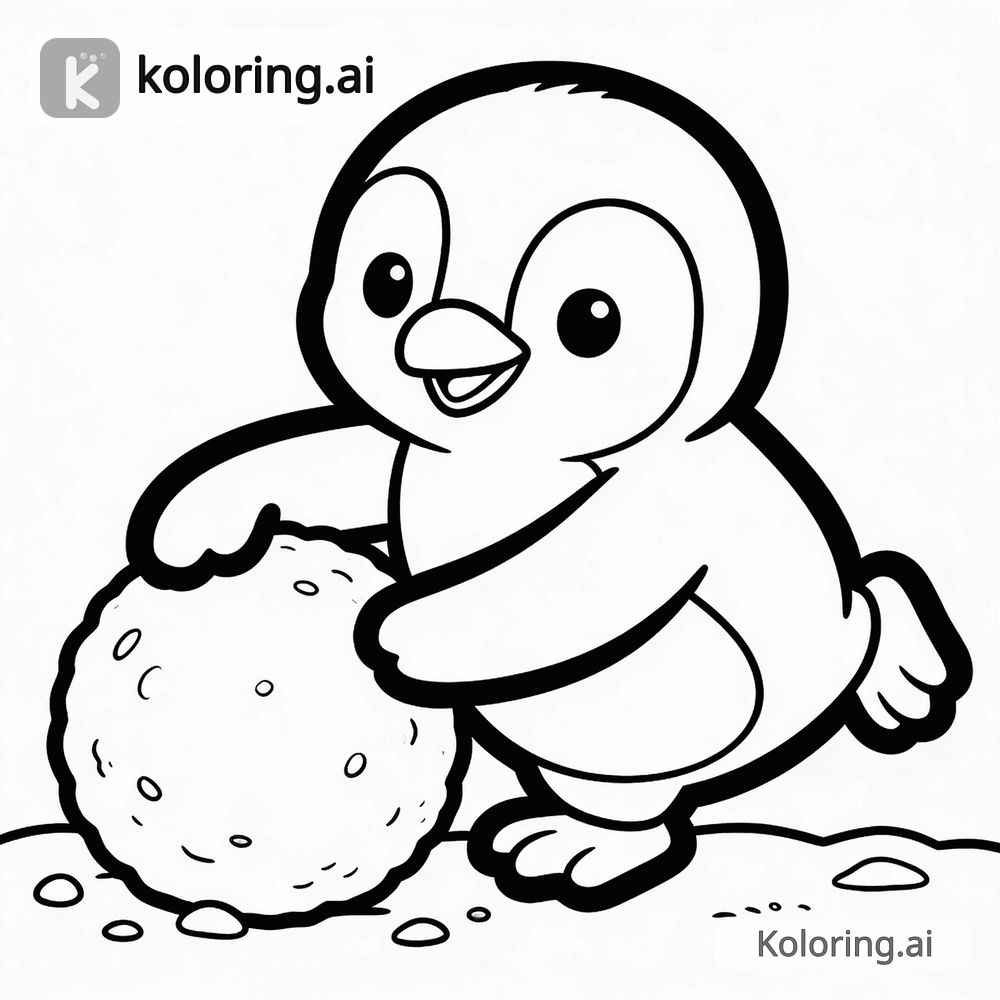 Black and white coloring page of penguin playing with a snowball