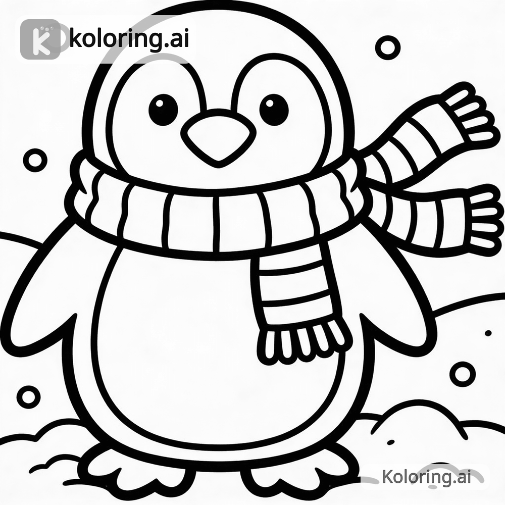 Black and white coloring page of penguin wearing a scarf in the snow