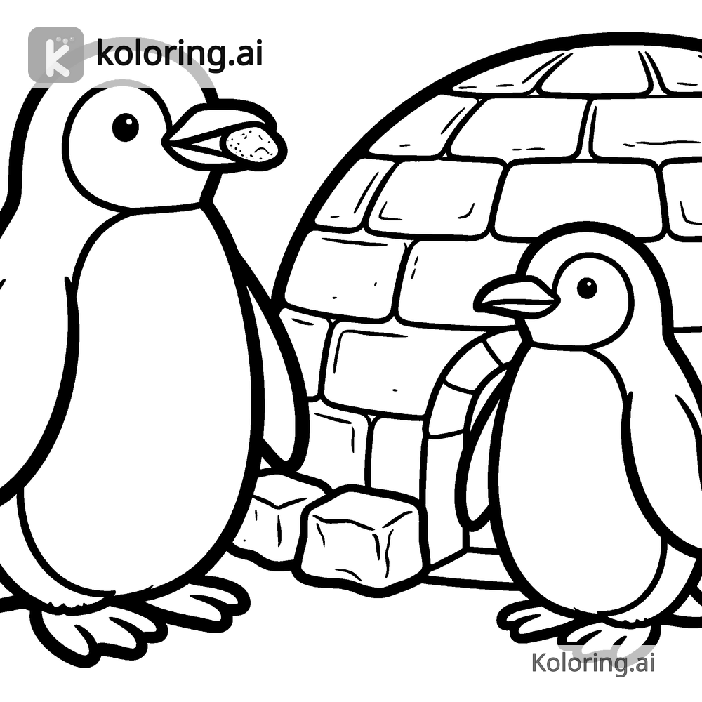 Black and white coloring page of two penguins building an igloo