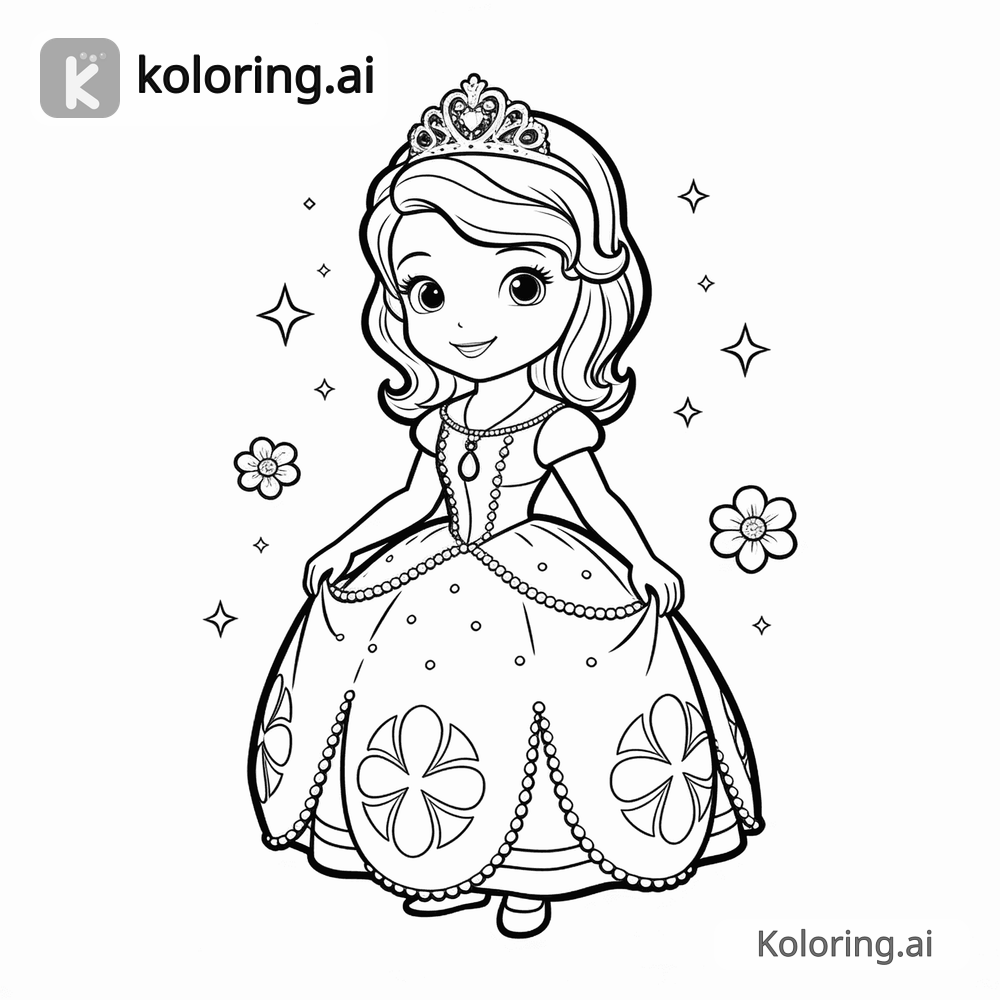 Black and white coloring page of fairy tale princess in a ball gown with a crown