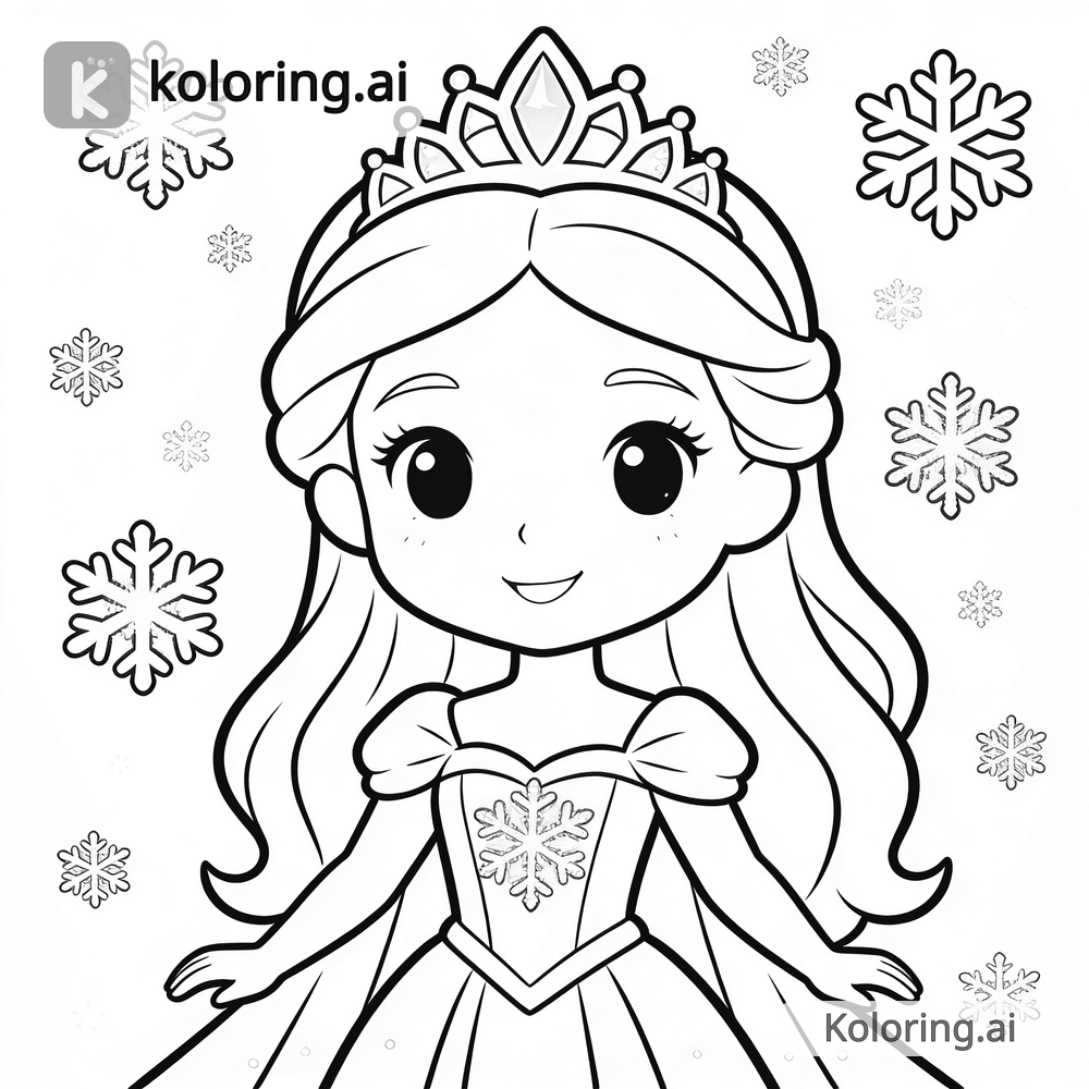 Black and white coloring page of ice princess with snowflakes around her