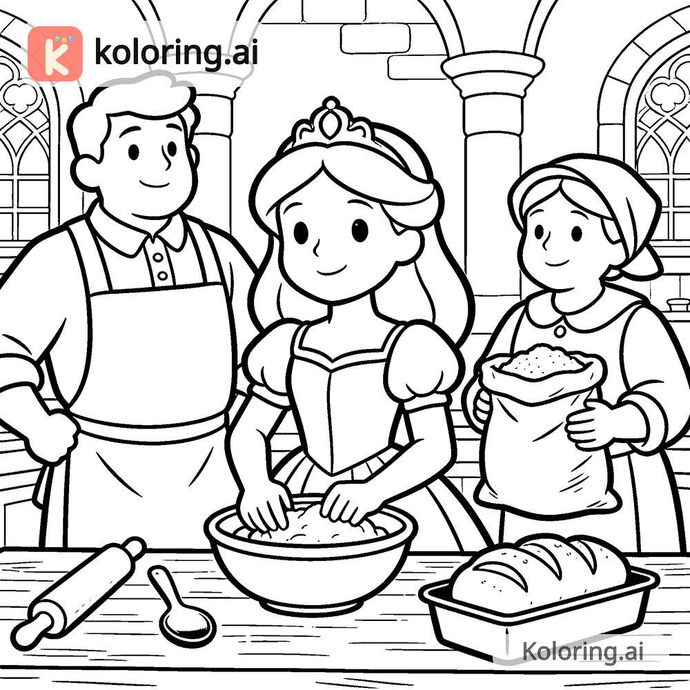 Black and white coloring page of princess baking bread with palace kitchen staff