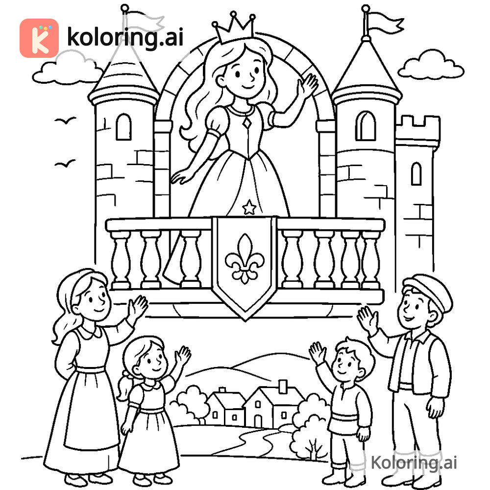 Black and white coloring page of princess greeting villagers from a balcony