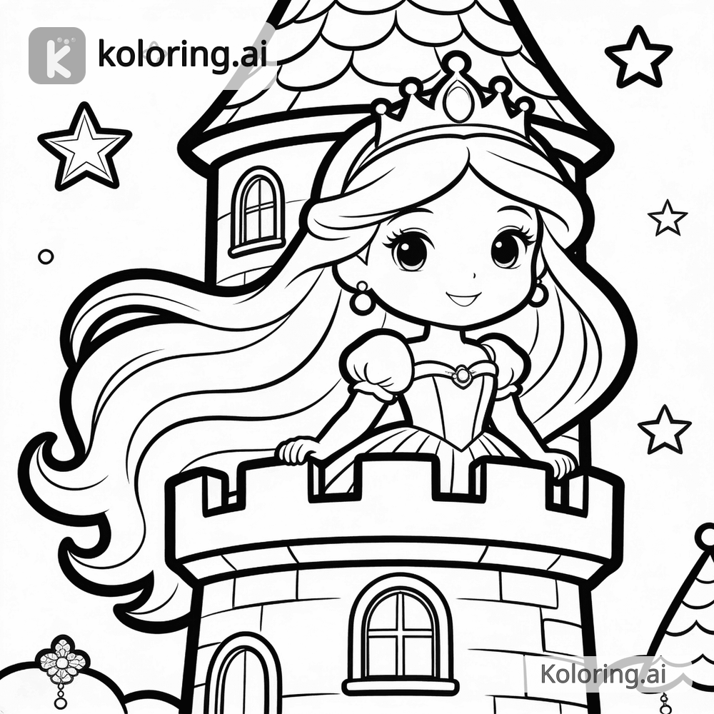 Black and white coloring page of princess in a castle tower with long flowing hair