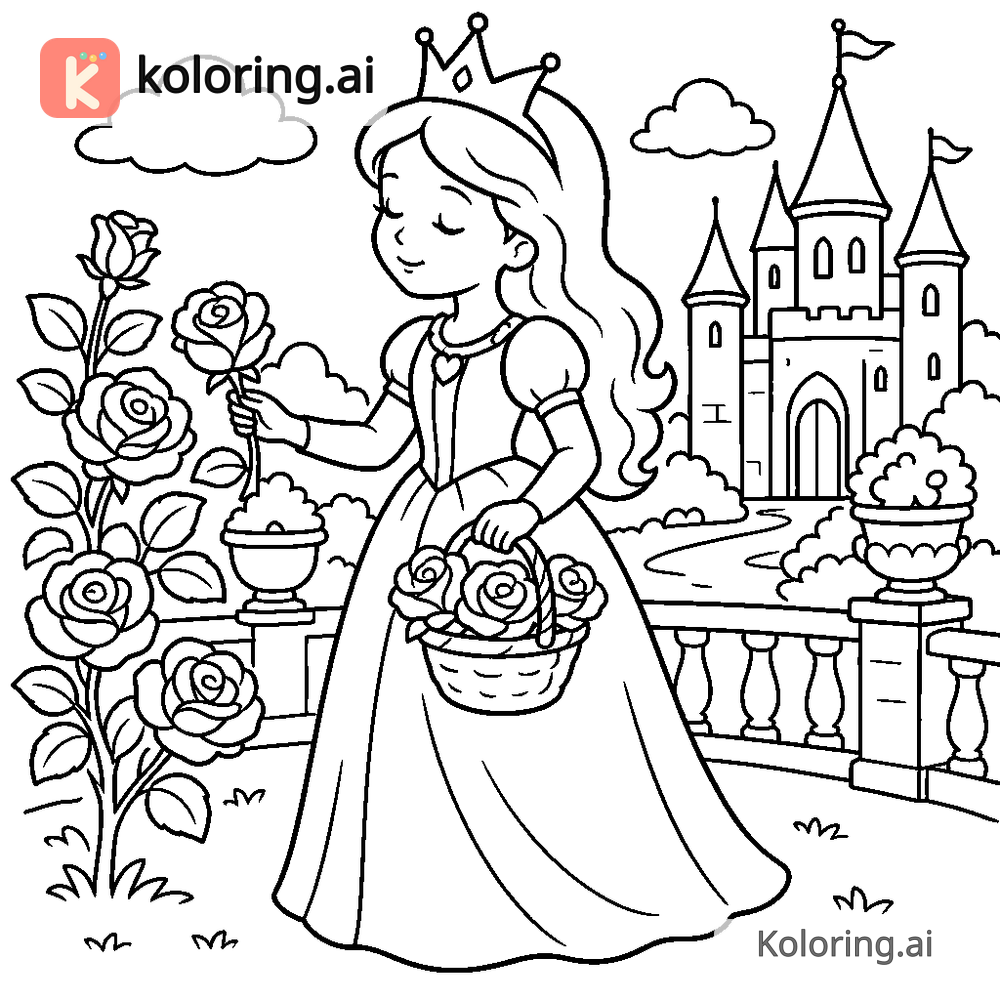 Black and white coloring page of princess picking roses in a royal garden