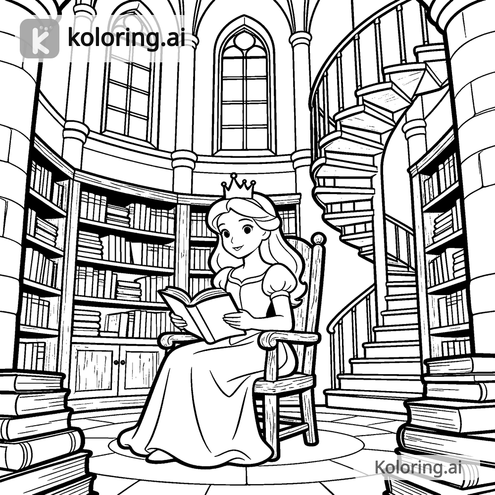 Black and white coloring page of princess reading in a tower library