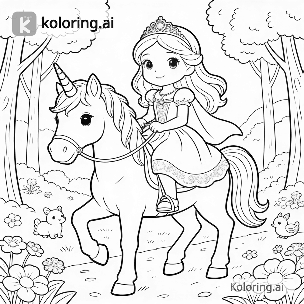 Black and white coloring page of princess riding a unicorn through a forest