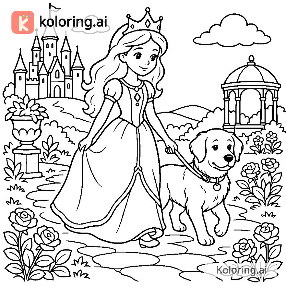 Black and white coloring page of princess walking her loyal dog through the gardens