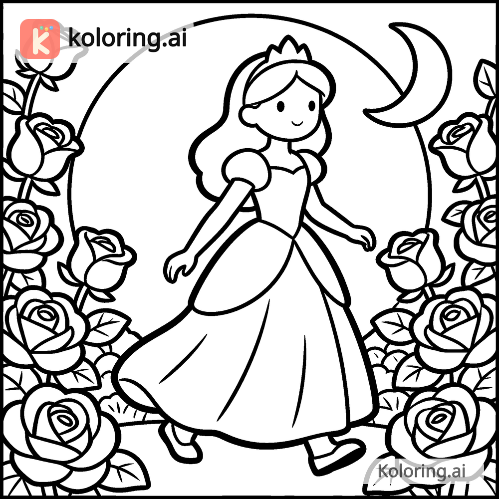 Black and white coloring page of princess walking through a moonlit rose garden