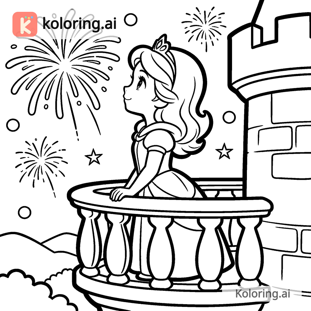 Black and white coloring page of princess watching fireworks from a castle balcony
